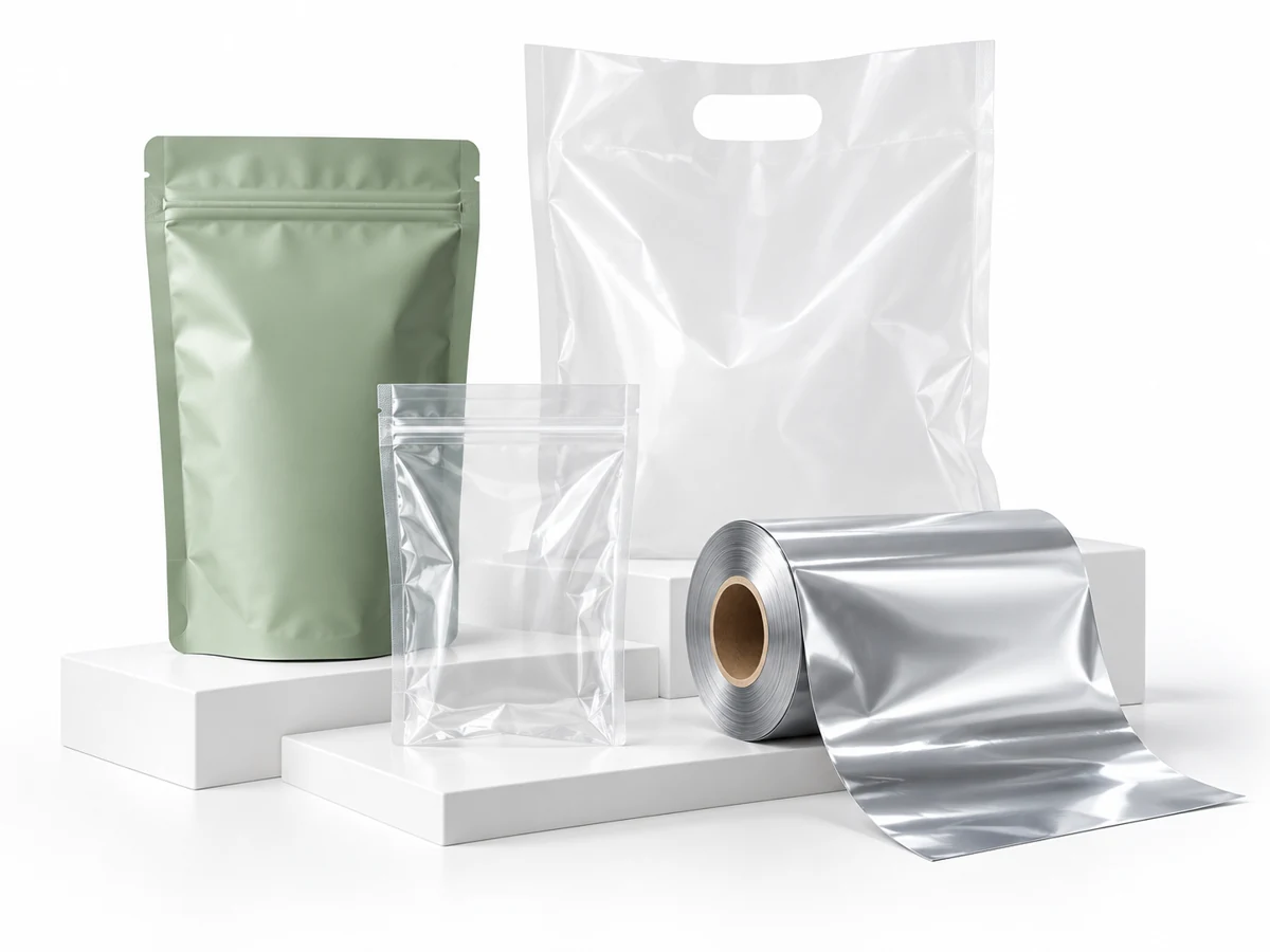AI-generated visualization of flexible packaging pouches, a film roll and a PE bag