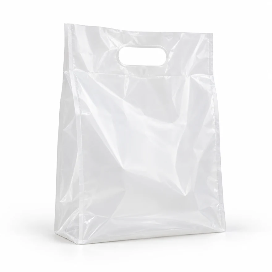 AI-generated visualization of a milky-white PE bag with a die-cut handle
