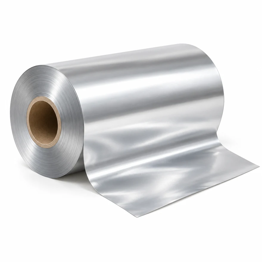 AI-generated visualization of a silver packaging film roll with an unrolled sheet