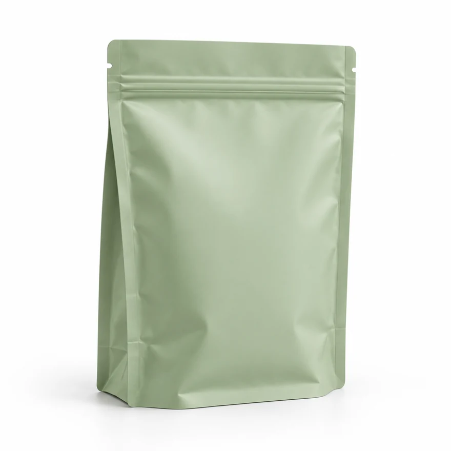 AI-generated visualization of an unbranded sage stand-up pouch