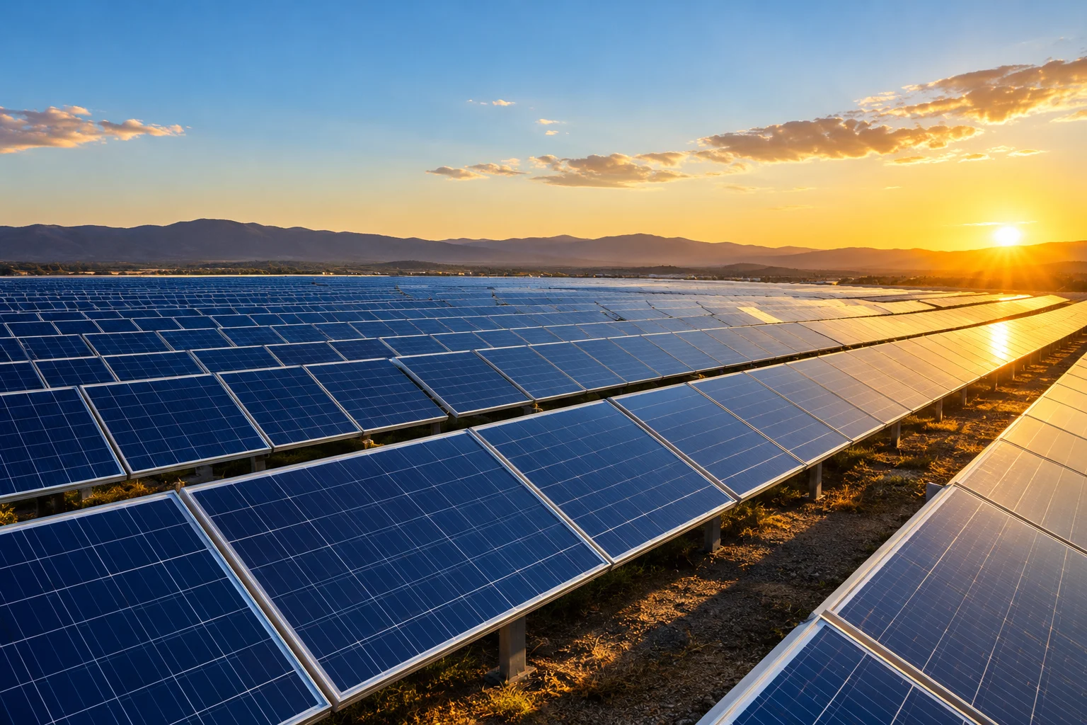 AI-generated illustration of photovoltaic arrays in late-afternoon sunlight