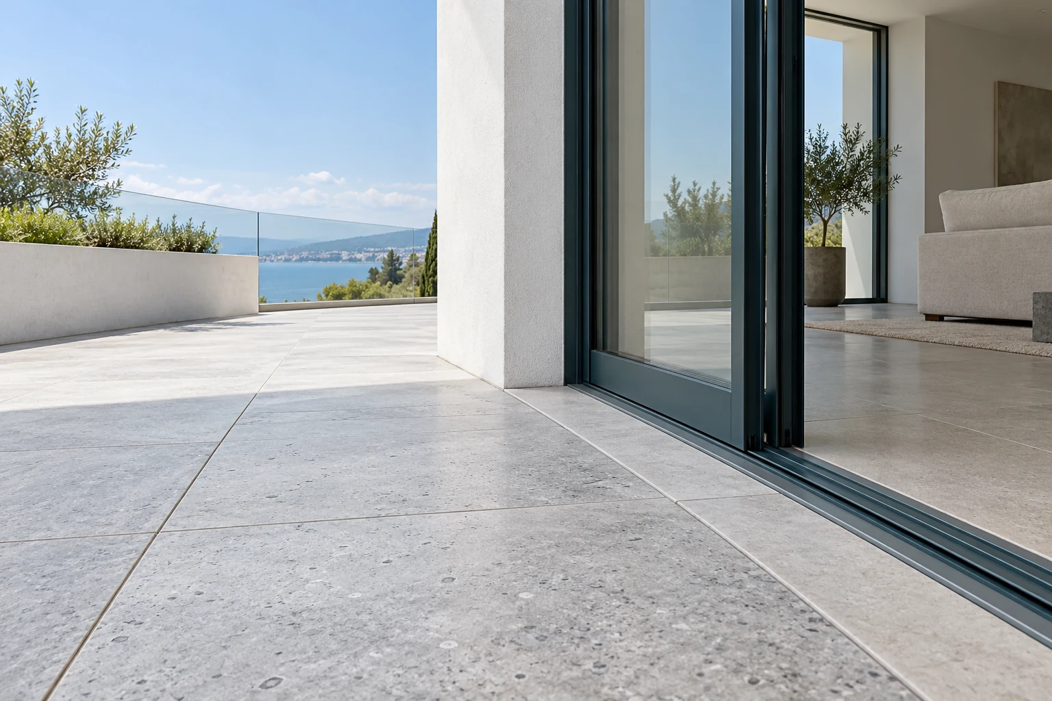 Architectural illustration of a terrace and door threshold in natural daylight