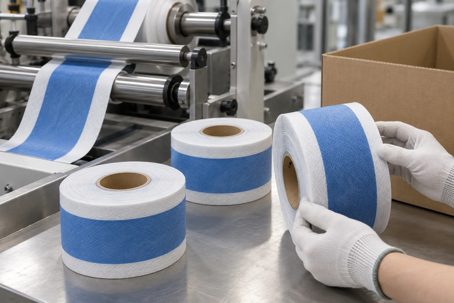 Manufacturing visualization of waterproofing tape rolls at a converting and packing station