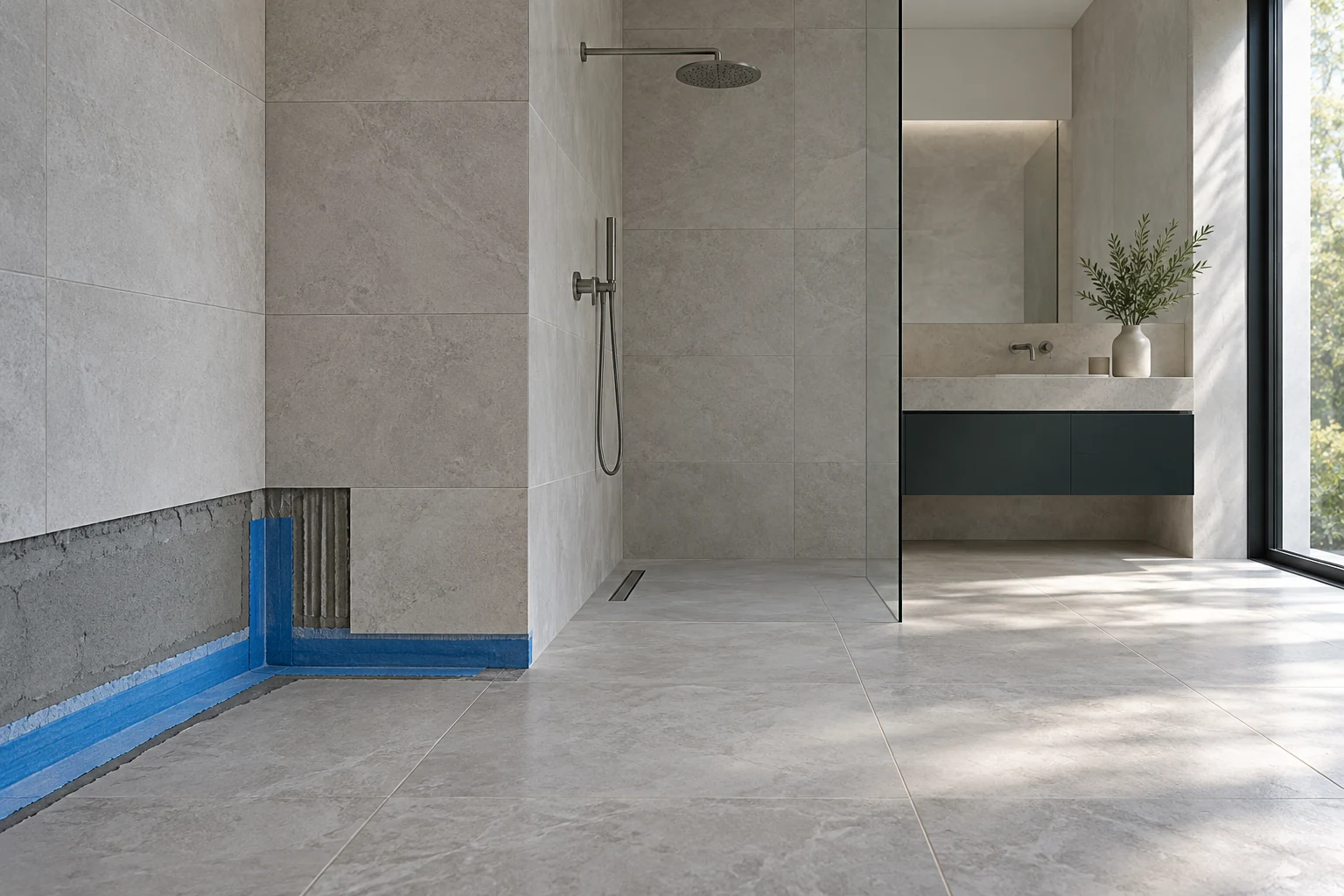 Architectural illustration of a modern wet room with a blue waterproofing junction detail
