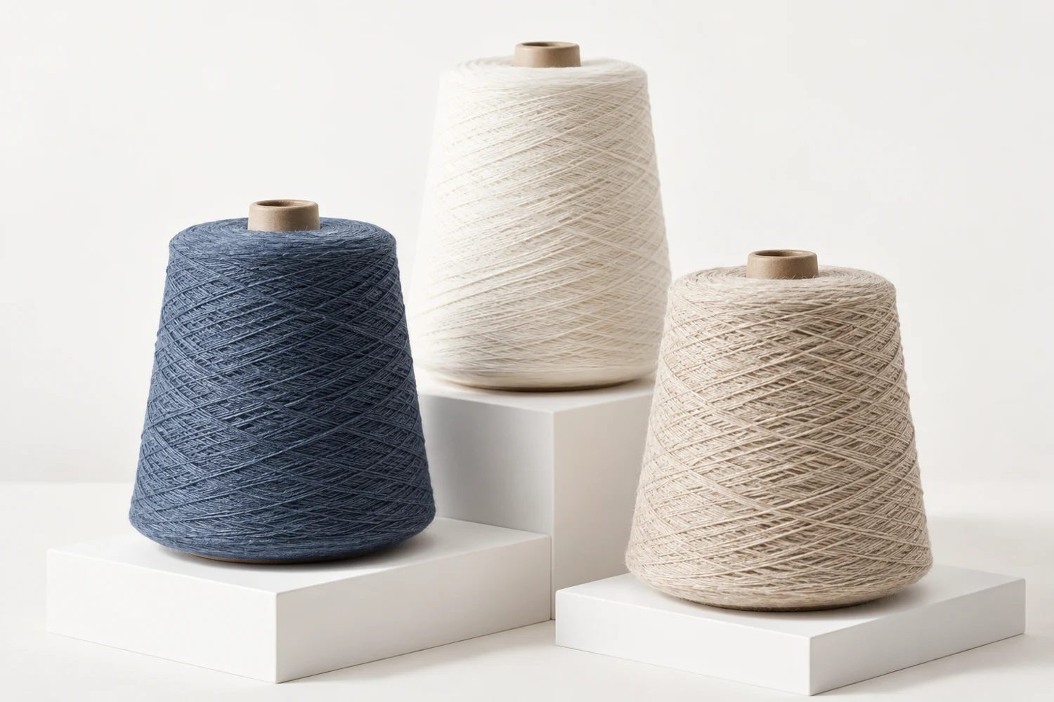 AI-generated visualization of ivory, indigo and beige yarn cones